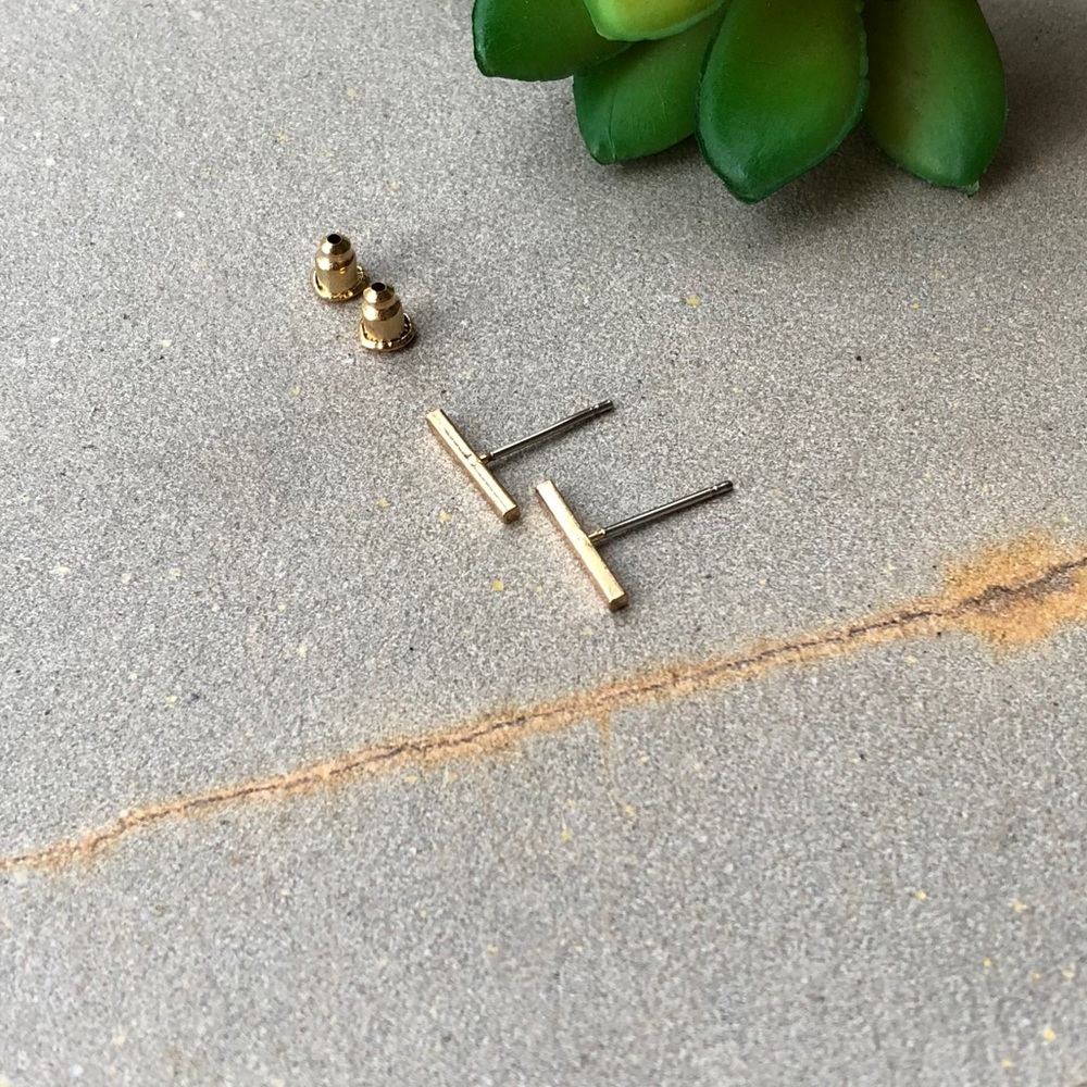 Gold Tone Minimalist Bar Dainty Earrings - Picture 2 of 8